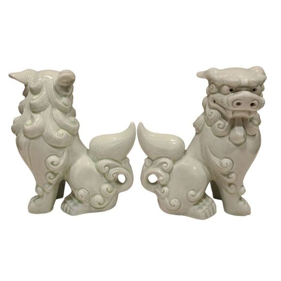 Foo Dogs 6" Green Wash Porcelain Shishi Figurines Vintage Set of 2 Komainu EUC - Picture 4 of 15